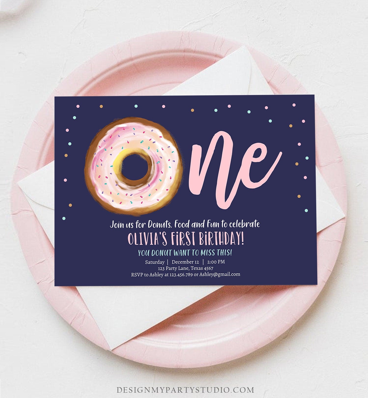 Editable Donut 1st Birthday Invitation First Birthday Invite Pink Donut Girl Doughnut Sweet Digital Download Printable Template Corjl 0368
