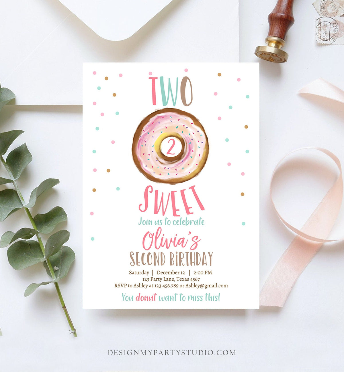 Editable Two Sweet Birthday Invitation Donut Birthday Party Pink Girl 2nd Birthday Doughnut Digital Download Printable Template Corjl 0368