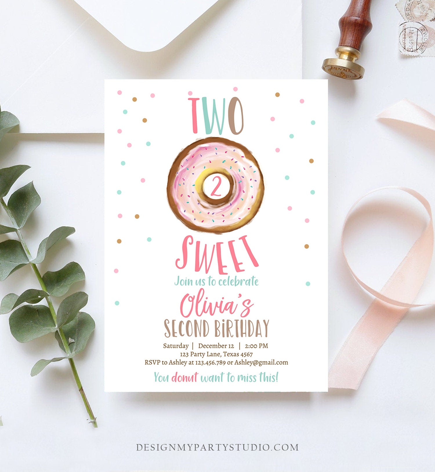 Editable Two Sweet Birthday Invitation Donut Birthday Party Pink Girl 2nd Birthday Doughnut Digital Download Printable Template Corjl 0368