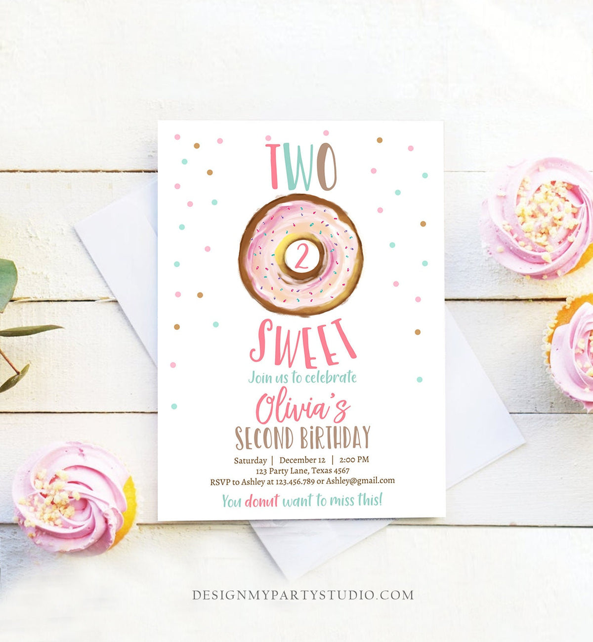 Editable Two Sweet Birthday Invitation Donut Birthday Party Pink Girl 2nd Birthday Doughnut Digital Download Printable Template Corjl 0368