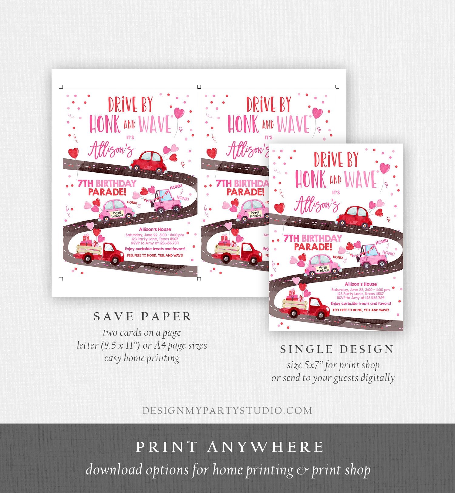 Editable Little Sweetheart Drive By Birthday Invitation Valentine Girl Hearts Pink Drive Through First 1st Corjl Template Printable 0365