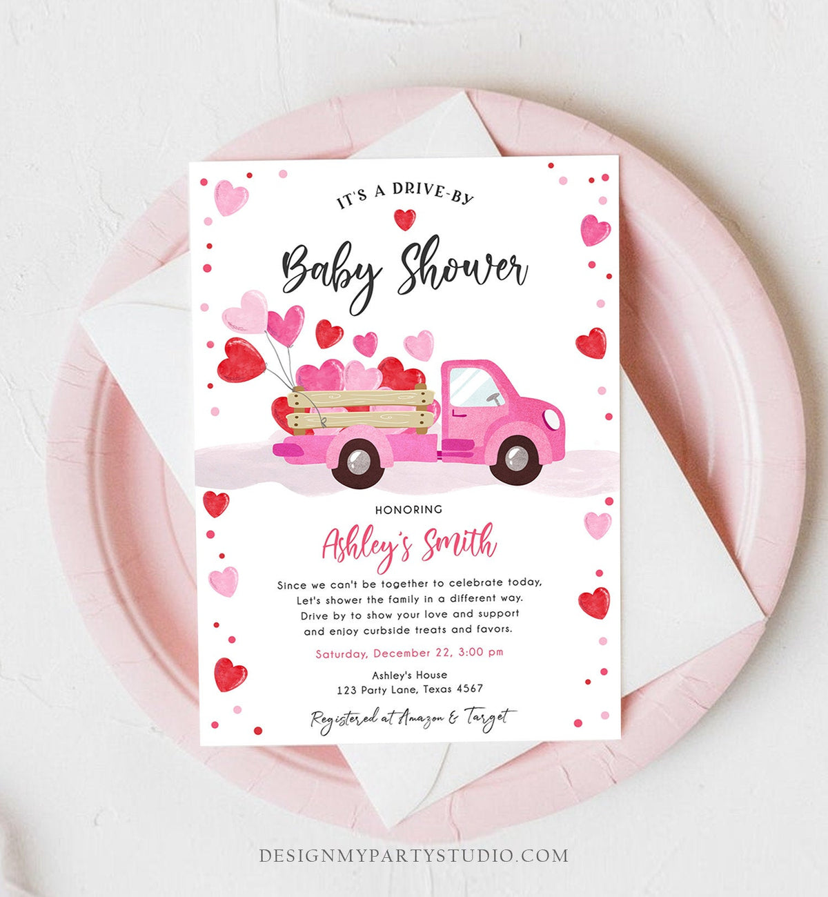 Editable Drive By Little Sweetheart Baby Shower Invitation Valentine Pink Girl Hearts Drive Through Truck Corjl Template Printable 0365