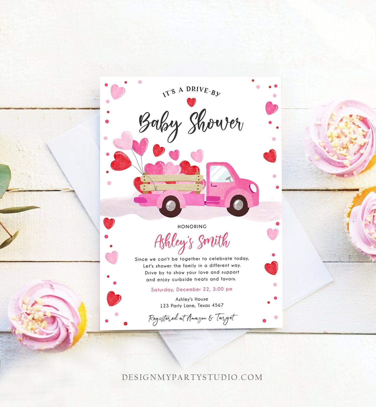 Editable Drive By Little Sweetheart Baby Shower Invitation Valentine Pink Girl Hearts Drive Through Truck Corjl Template Printable 0365