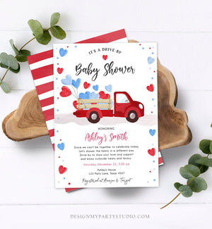 Editable Drive By Little Sweetheart Baby Shower Invitation Valentine Red Blue Boy Hearts Drive Through Truck Corjl Template Printable 0365