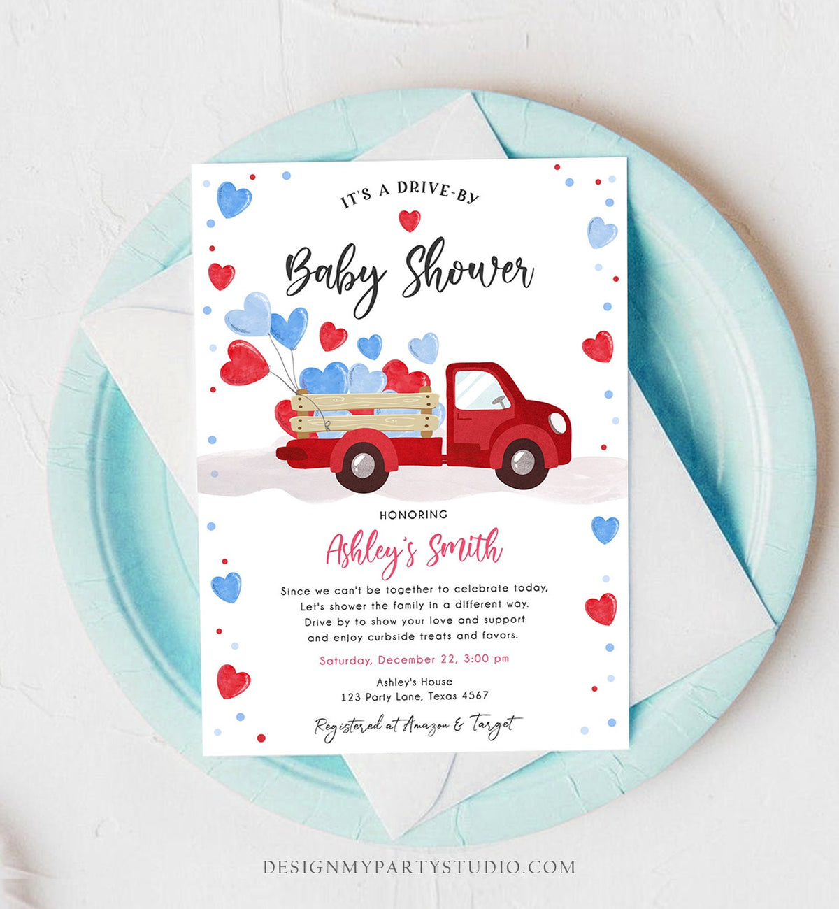 Editable Drive By Little Sweetheart Baby Shower Invitation Valentine Red Blue Boy Hearts Drive Through Truck Corjl Template Printable 0365