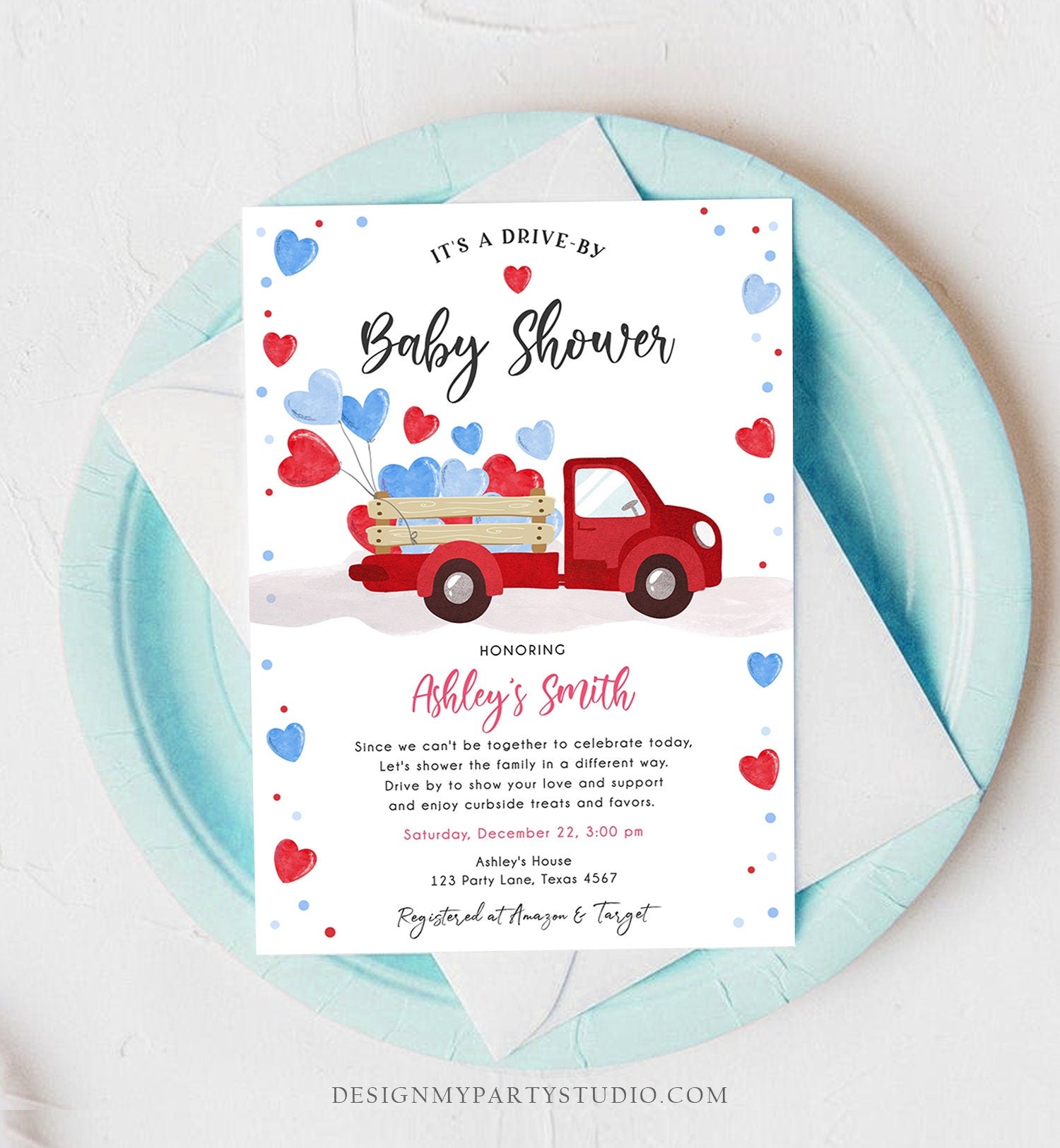 Editable Drive By Little Sweetheart Baby Shower Invitation Valentine Red Blue Boy Hearts Drive Through Truck Corjl Template Printable 0365