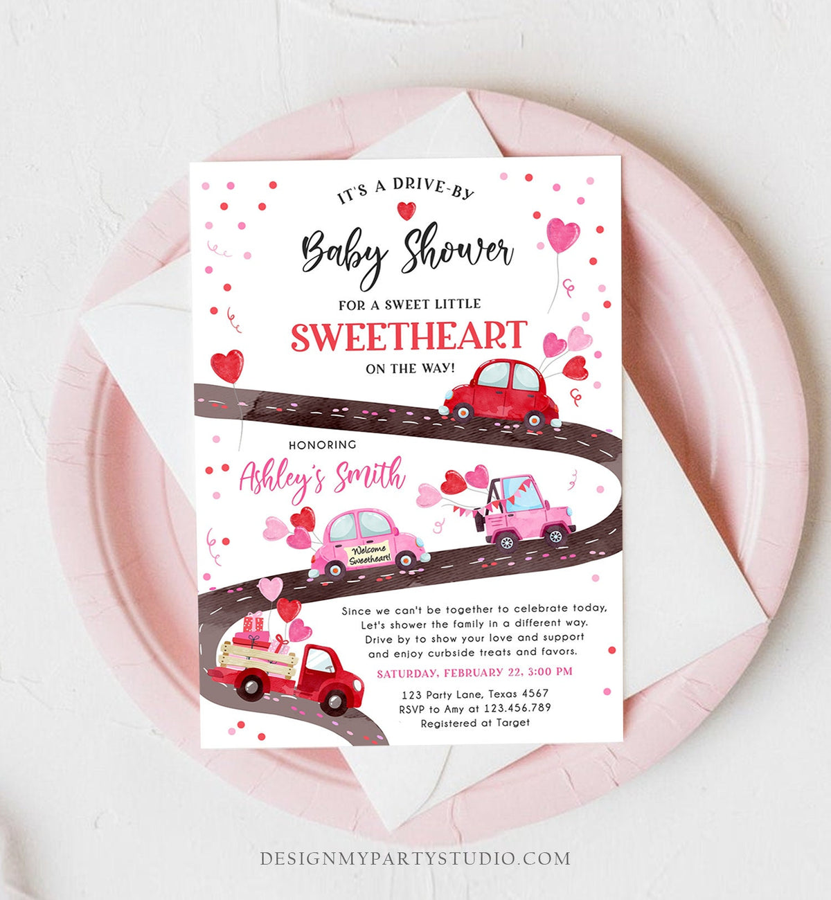 Editable Drive By Little Sweetheart Baby Shower Invitation Valentine Pink Girl Hearts Drive Through Truck Corjl Template Printable 0365