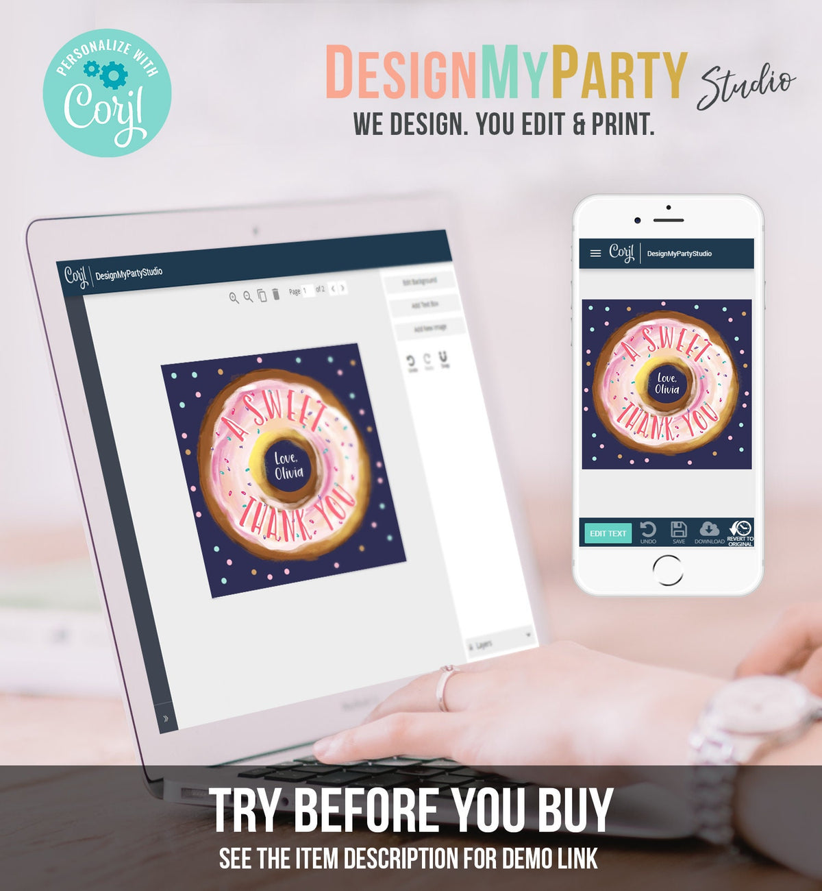 Editable Donut Favor Tags Donut Birthday A Sweet Thank You Donut Tag Stickers Girl Pink Donut Dough Two Sweet Tags Round Template Corjl 0368