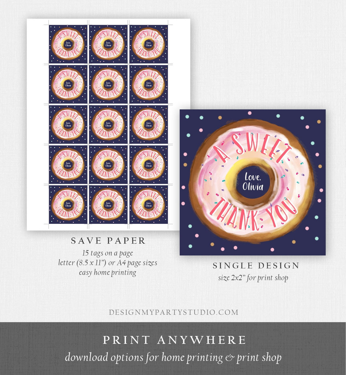 Editable Donut Favor Tags Donut Birthday A Sweet Thank You Donut Tag Stickers Girl Pink Donut Dough Two Sweet Tags Round Template Corjl 0368