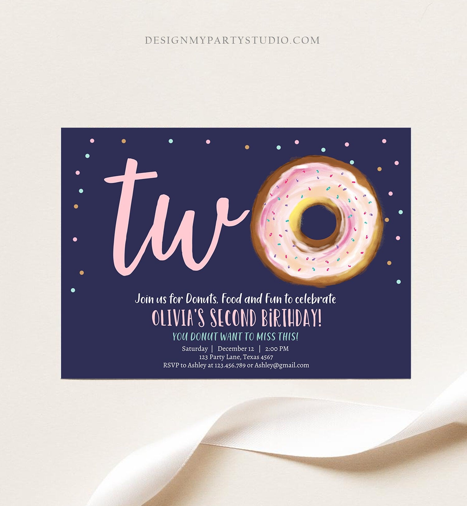 Editable Donut 2nd Birthday Invitation Second Birthday Invite Pink Donut Girl Two Sweet Party Digital Download Printable Template Corjl 0368
