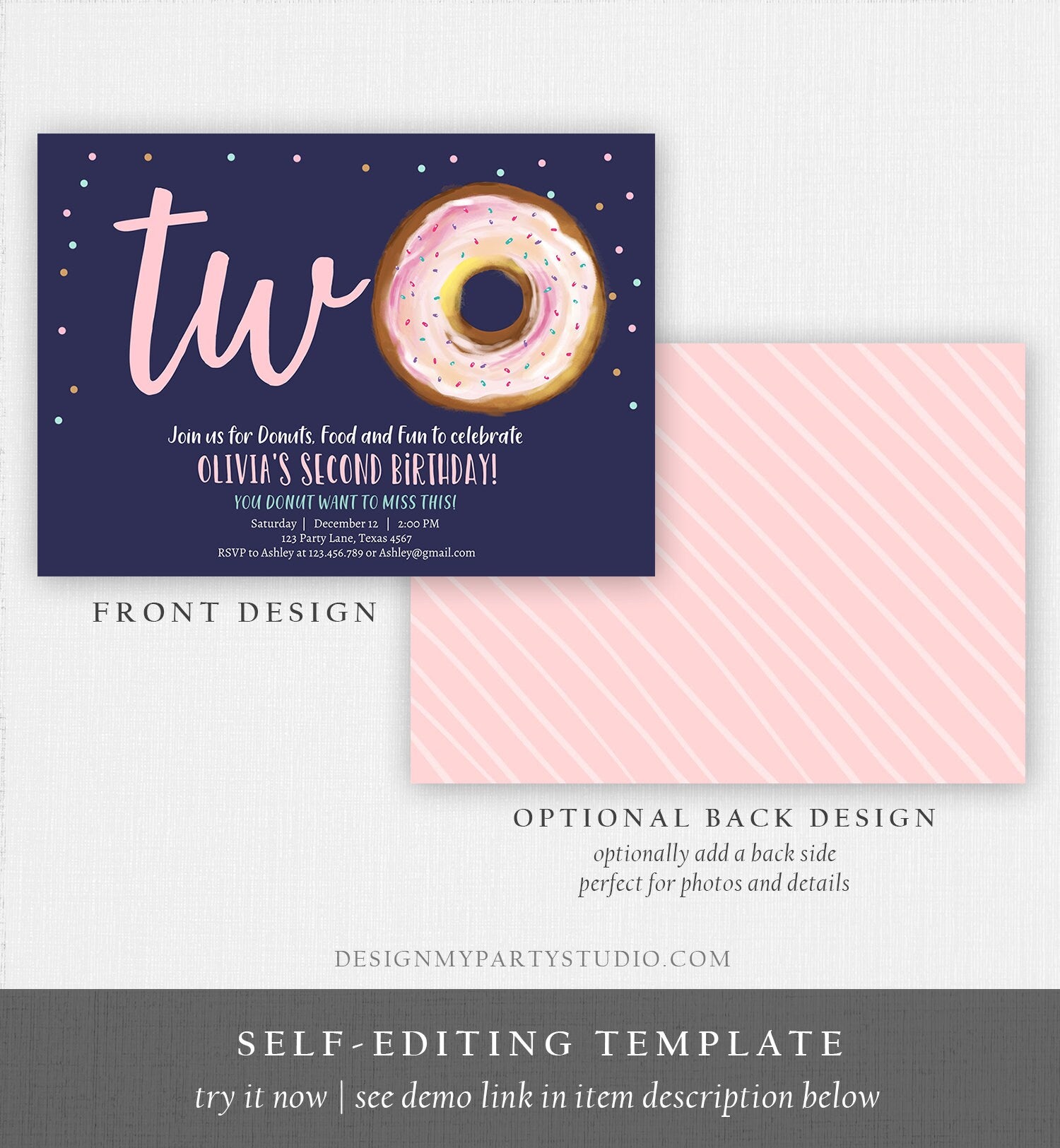 Editable Donut 2nd Birthday Invitation Second Birthday Invite Pink Donut Girl Two Sweet Party Digital Download Printable Template Corjl 0368
