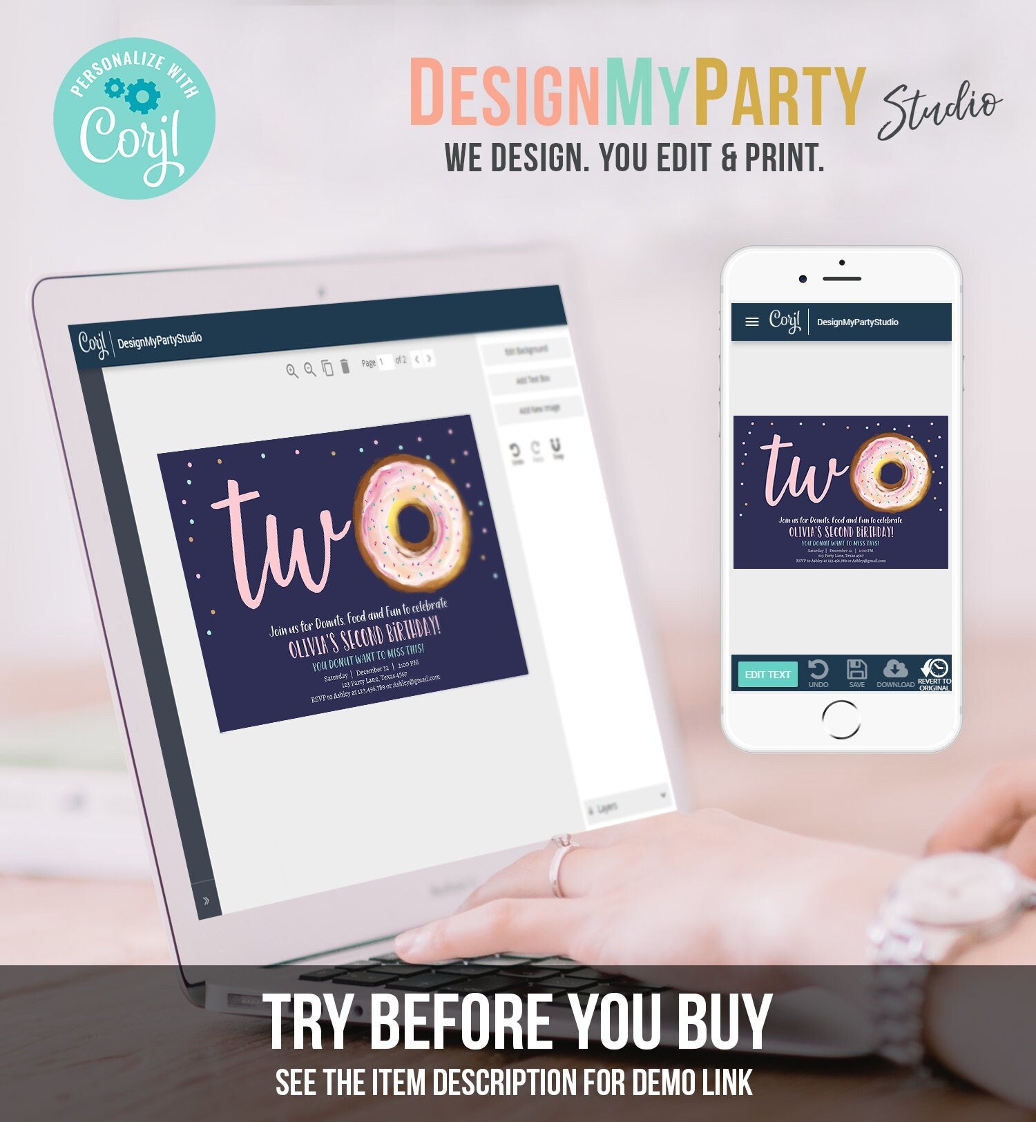 Editable Donut 2nd Birthday Invitation Second Birthday Invite Pink Donut Girl Two Sweet Party Digital Download Printable Template Corjl 0368