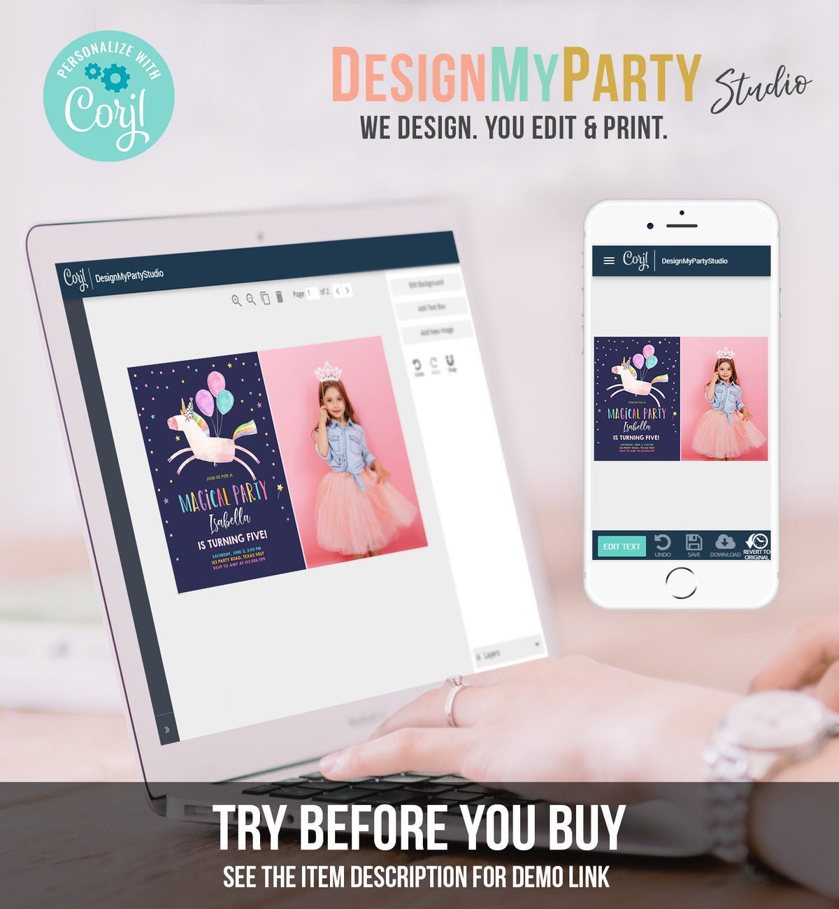 Editable Unicorn Birthday Invitation Magical Party Invite Girl Pink First Birthday Digital Invite Template Reainbow Download Corjl 0336