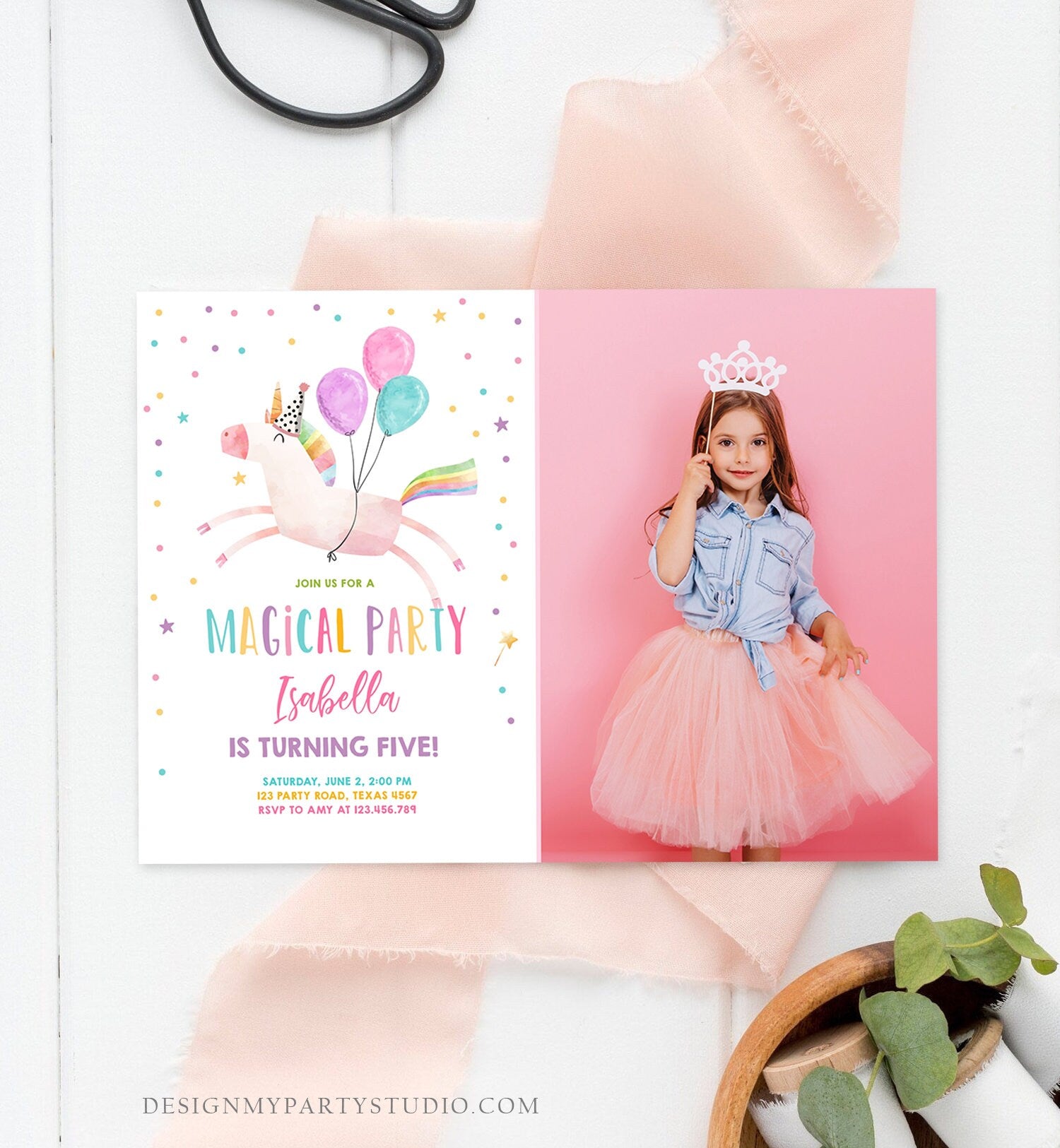 Editable Unicorn Birthday Invitation Magical Party Invite Girl Pink First Birthday Digital Invite Template Reainbow Download Corjl 0336