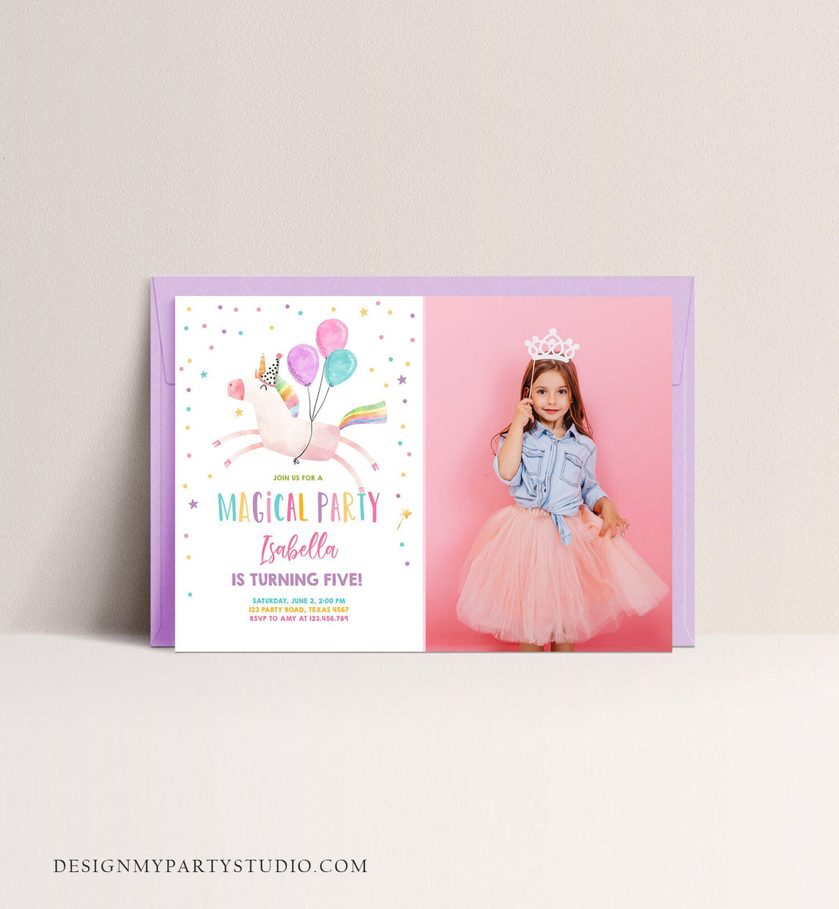 Editable Unicorn Birthday Invitation Magical Party Invite Girl Pink First Birthday Digital Invite Template Reainbow Download Corjl 0336