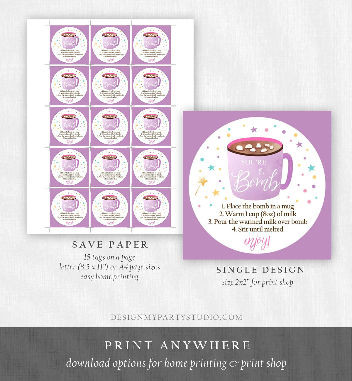 Editable Hot Chocolate Bomb Tags Bomb Instructions Valentine You&#39;re The Bomb Sticker Magical Purple Lavender Digital PRINTABLE 0336