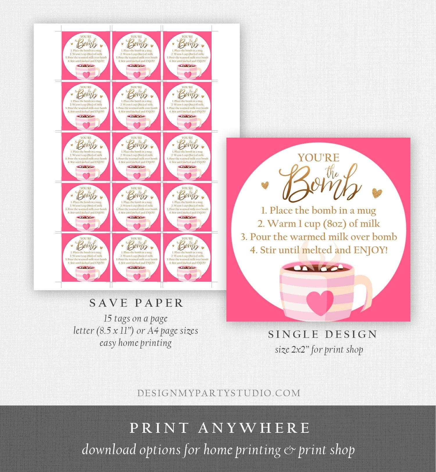 Editable Hot Chocolate Bomb Tags Bomb Instructions Valentine Hot Cocoa Bomb Favor Tags Valentine Gift You're The Bomb Digital PRINTABLE 0370