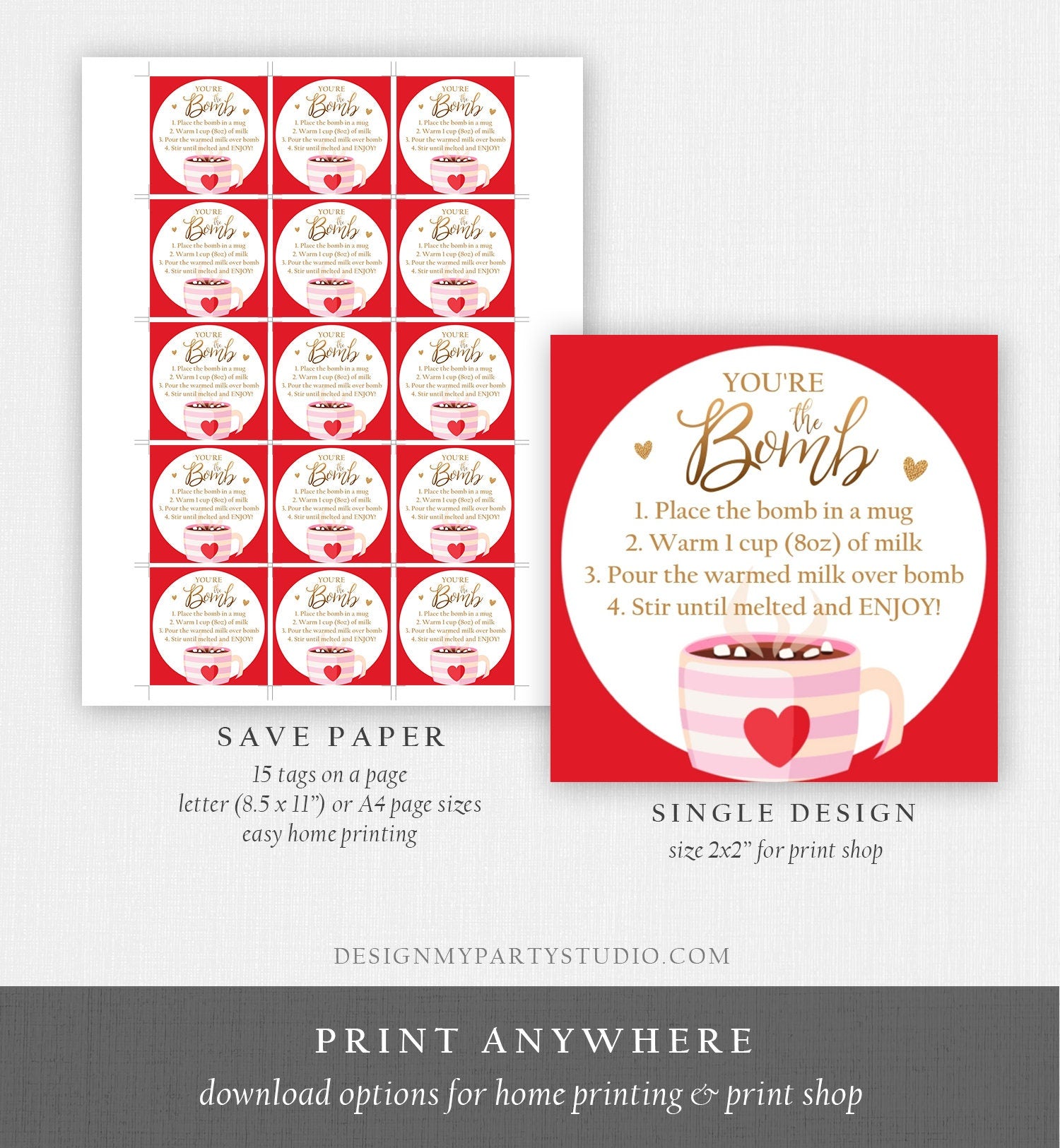 Editable Hot Chocolate Bomb Tags Bomb Instructions Valentine Hot Cocoa Bomb Favor Tags Valentine Gift You're The Bomb Digital PRINTABLE 0370