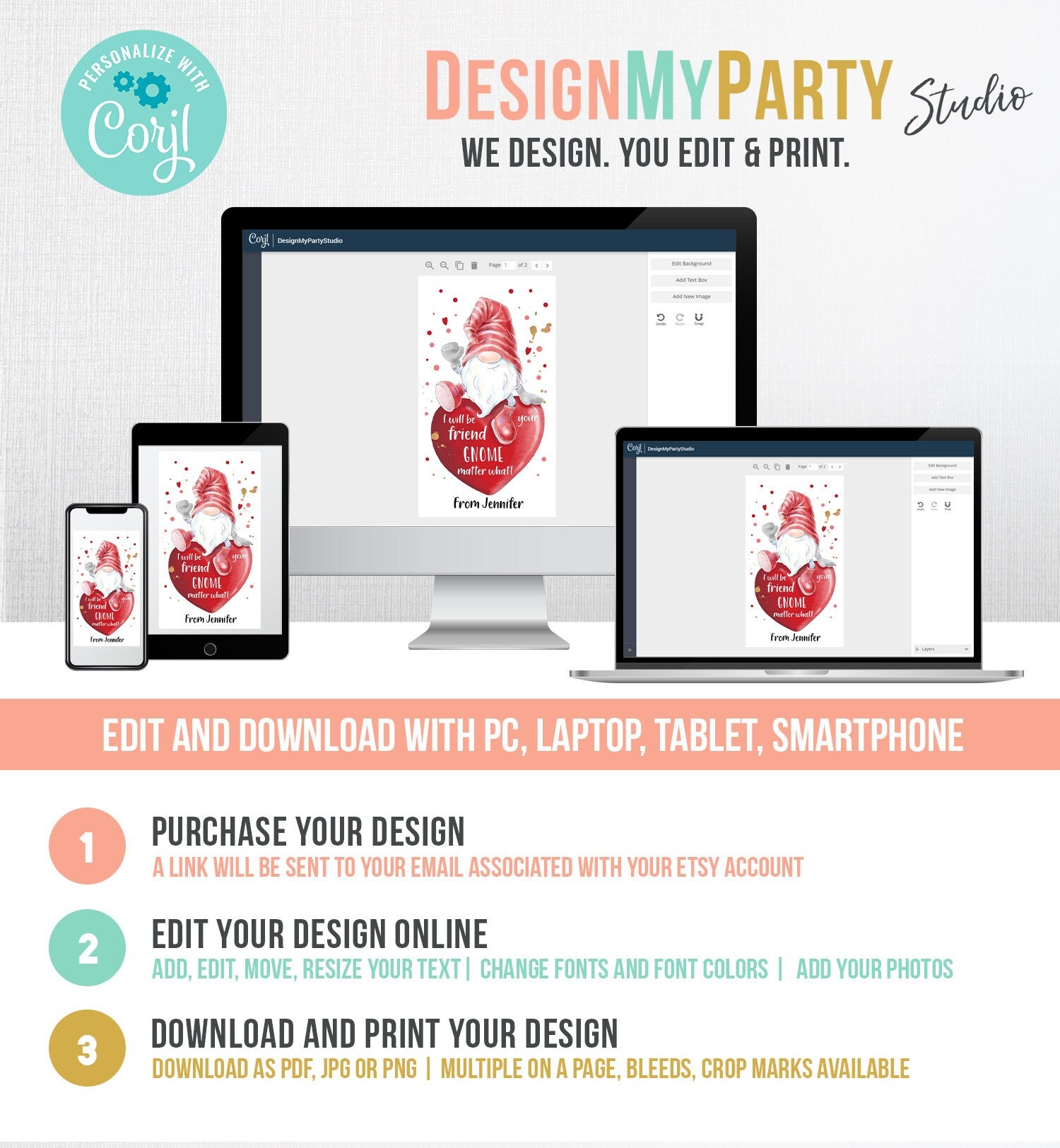 Editable Gnome Valentine Tag Valentine Cards for Kids School Valentine Class Valentine's Day Instant Download Printable Template Corjl 0370