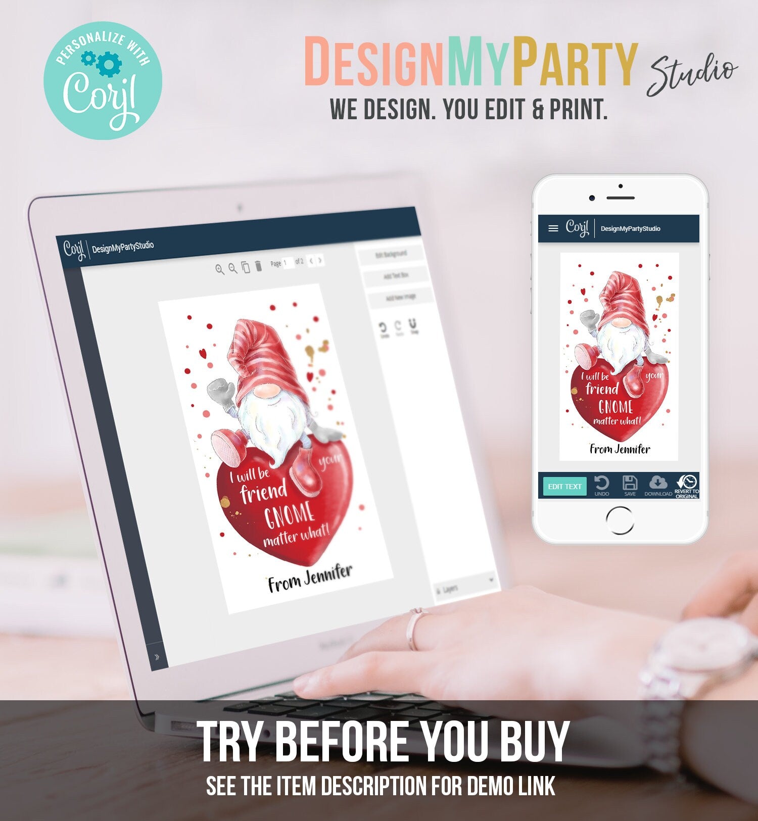 Editable Gnome Valentine Tag Valentine Cards for Kids School Valentine Class Valentine's Day Instant Download Printable Template Corjl 0370