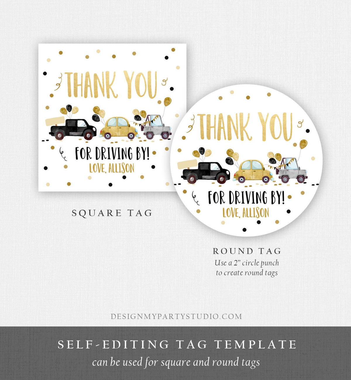 Editable Drive By Favor Tag Drive Through Birthday Parade Thank You Gift Tags Quarantine Gold Yellow Baby Shower Corjl Template 0337