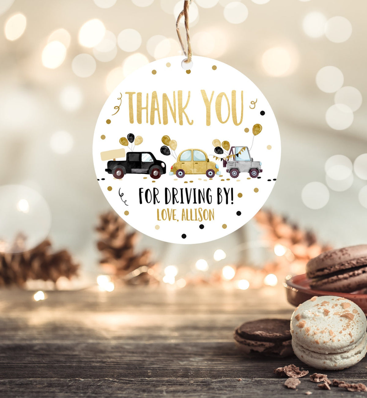 Editable Drive By Favor Tag Drive Through Birthday Parade Thank You Gift Tags Quarantine Gold Yellow Baby Shower Corjl Template 0337