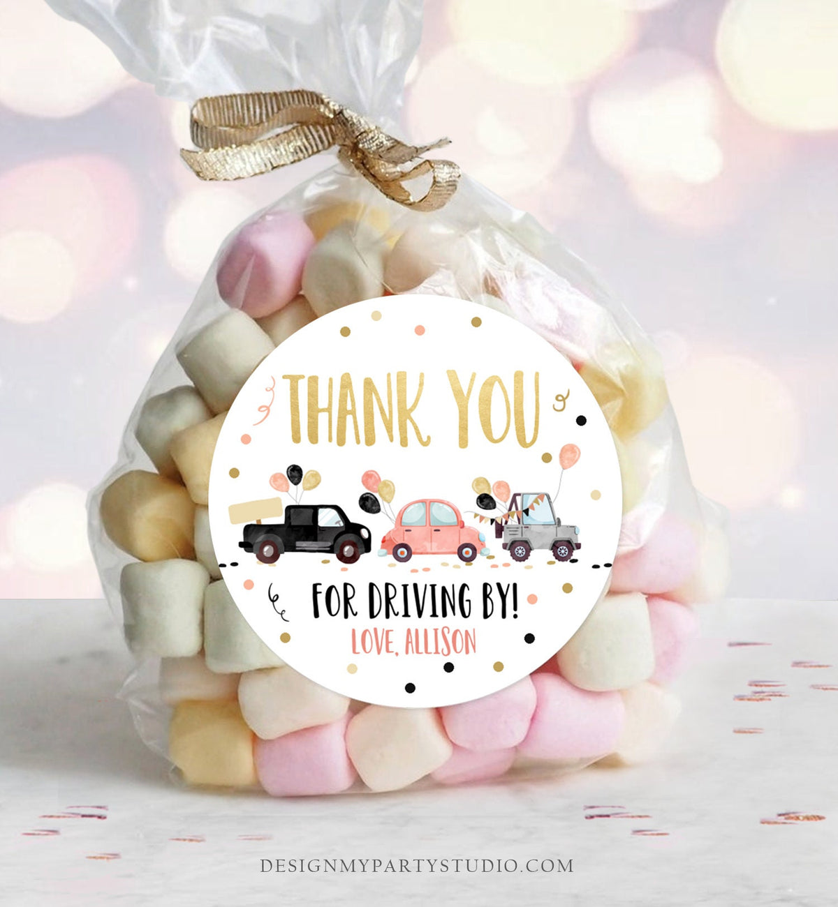 Editable Drive By Favor Tag Drive Through Birthday Parade Thank You Gift Tags Quarantine Gold Coral Coral Cars Valentine Corjl Template 0337