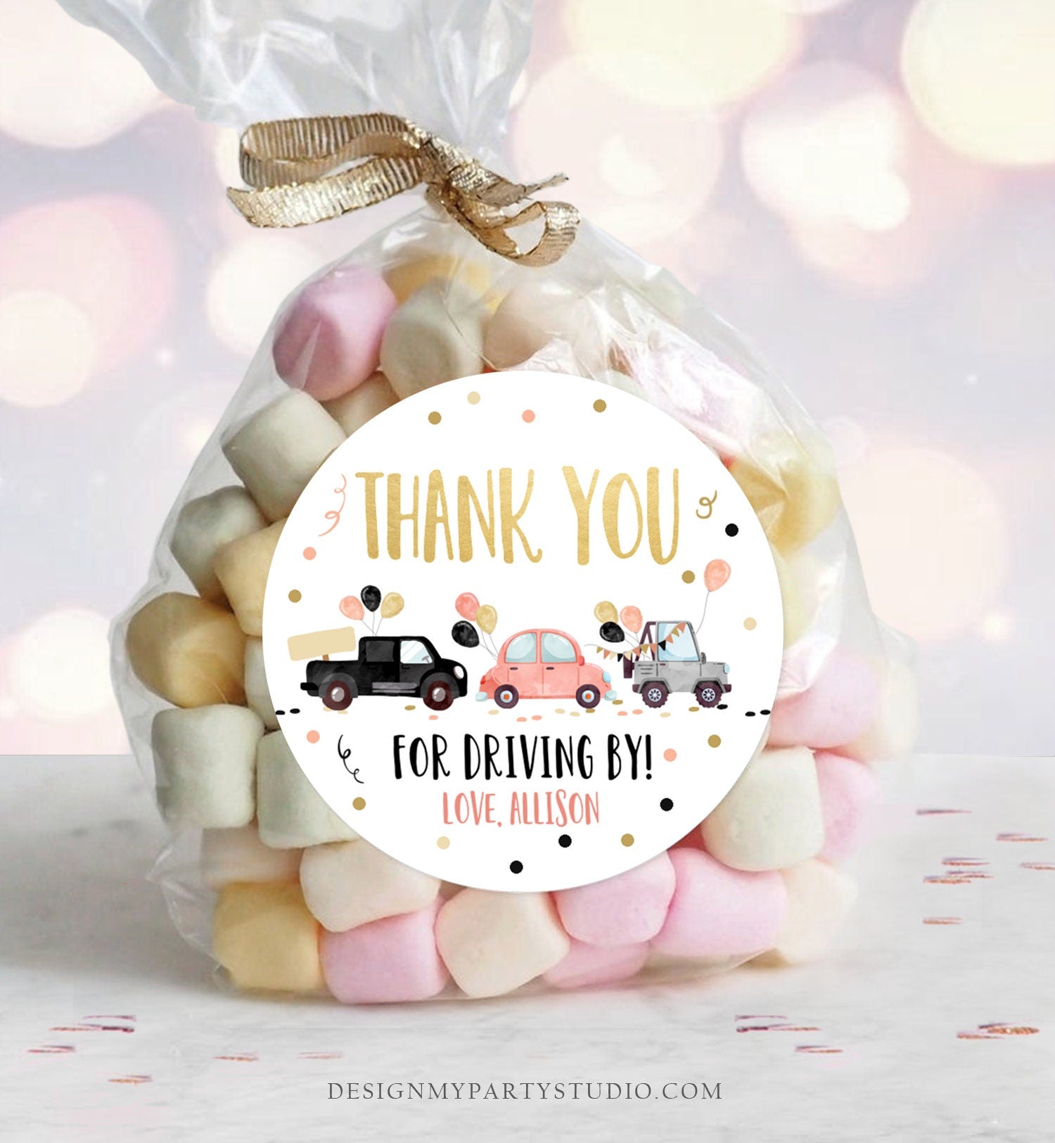 Editable Drive By Favor Tag Drive Through Birthday Parade Thank You Gift Tags Quarantine Gold Coral Coral Cars Valentine Corjl Template 0337