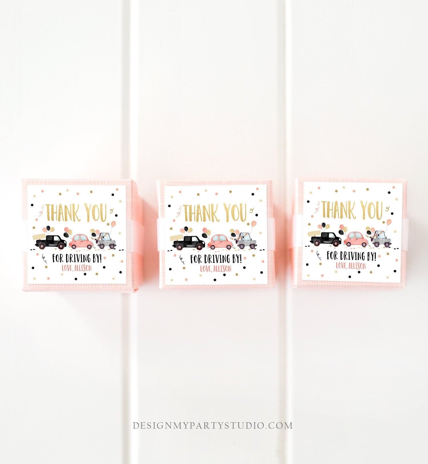 Editable Drive By Favor Tag Drive Through Birthday Parade Thank You Gift Tags Quarantine Gold Coral Coral Cars Valentine Corjl Template 0337