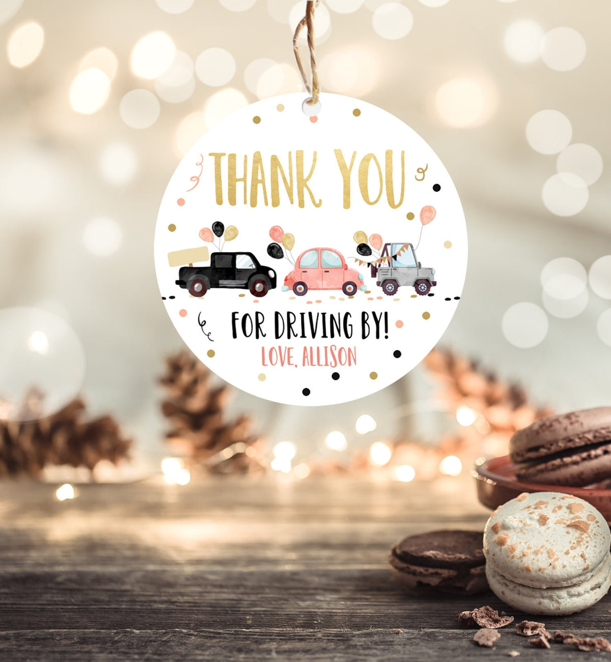 Editable Drive By Favor Tag Drive Through Birthday Parade Thank You Gift Tags Quarantine Gold Coral Coral Cars Valentine Corjl Template 0337