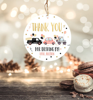 Editable Drive By Favor Tag Drive Through Birthday Parade Thank You Gift Tags Quarantine Gold Coral Coral Cars Valentine Corjl Template 0337