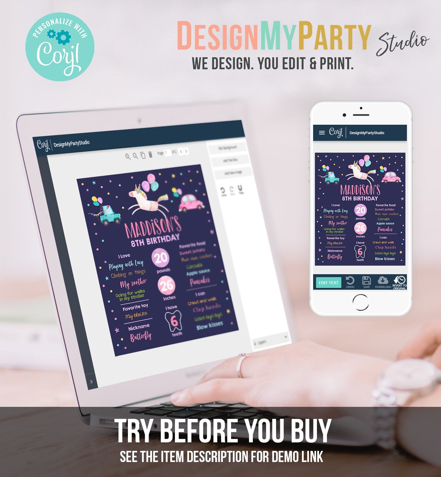 Editable Unicorn Birthday Milestones Sign Drive By Birthday Girl First Birthday Magical Drive Through Parade Poster Corjl Printable 0336