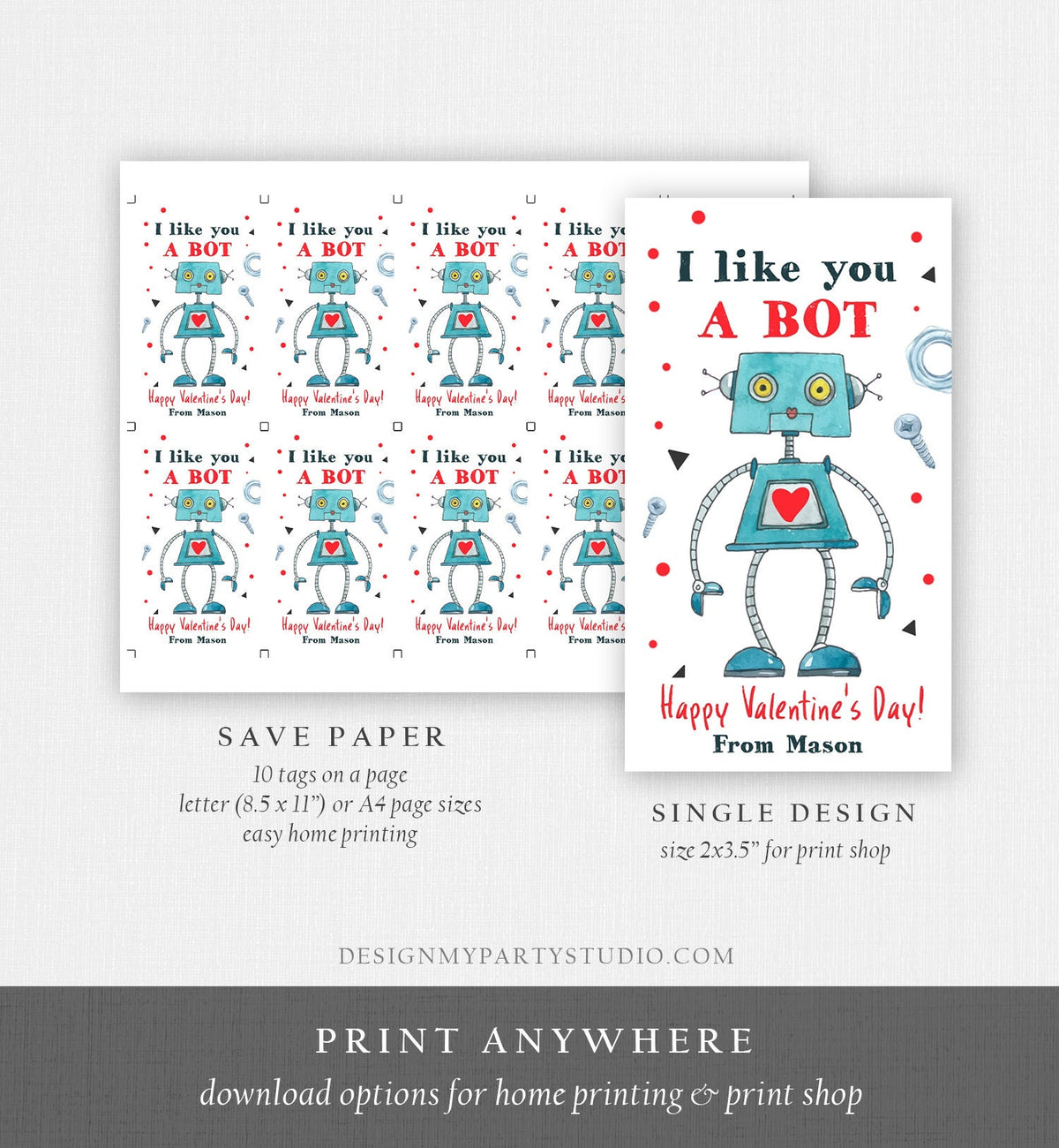 Editable Valentine&#39;s Day Card for Kids Robot Valentines Tag School I Like You A Bot Classroom Printable Personalized Digital PRINTABLE 0370