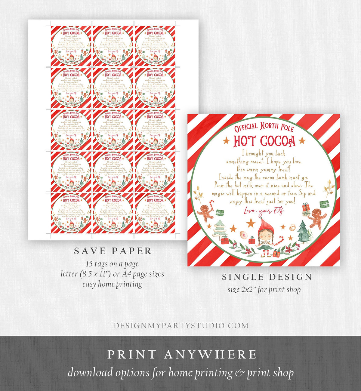 Editable Elf Hot Chocolate Bomb Tags Bomb Instructions Cocoa Favor Tags Elf Party Christmas Visit North Pole Birthday Digital PRINTABLE 0358