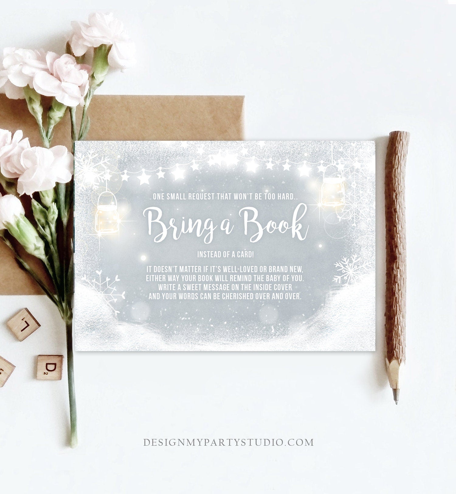 Editable Baby It’s Cold Outside Bring a Book Card Baby Shower Book Insert Winter Snowflakes Wood Neutral Corjl Template Printable 0031