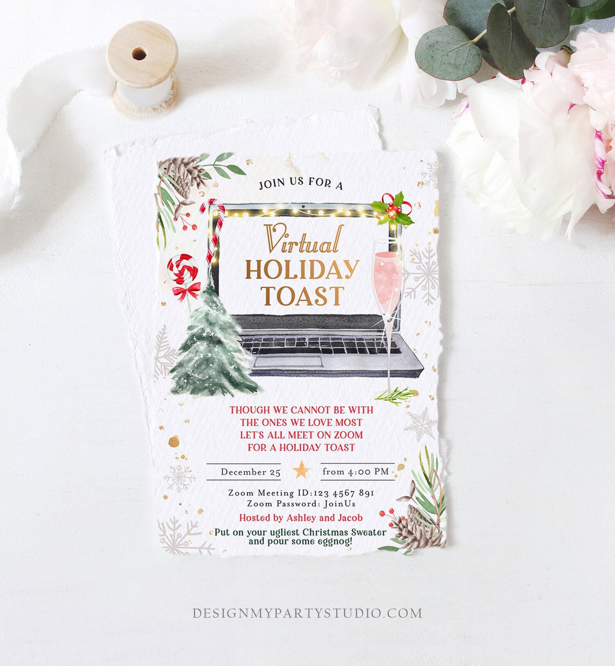 Editable Virtual Holiday Toast Invitation Christmas Party Zoom Invite Quarantine Social Distancing Laptop Printable Template Corjl 0356