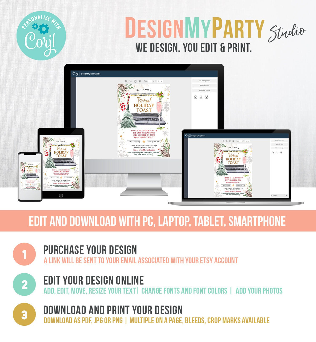 Editable Virtual Holiday Toast Invitation Christmas Party Zoom Invite Quarantine Social Distancing Laptop Printable Template Corjl 0356