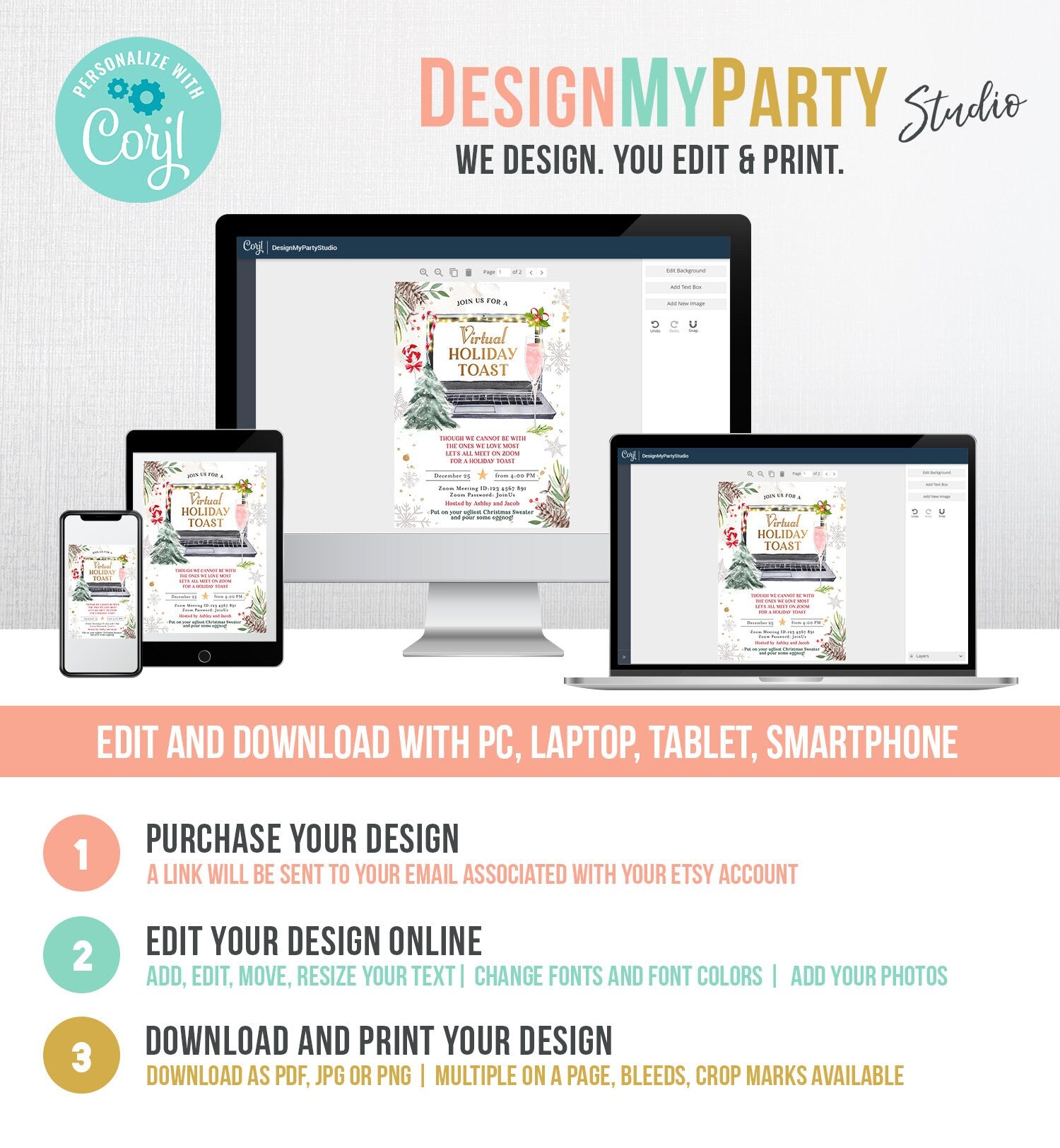 Editable Virtual Holiday Toast Invitation Christmas Party Zoom Invite Quarantine Social Distancing Laptop Printable Template Corjl 0356