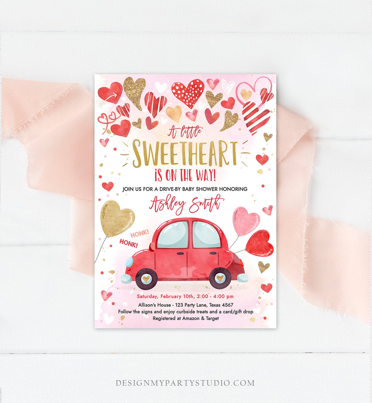 Editable Drive By Sweetheart Baby Shower Invitation Valentine Pink Girl Hearts Drive Through Red Heart Car Corjl Template Printable 0371