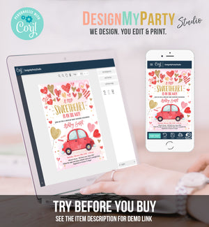 Editable Drive By Sweetheart Baby Shower Invitation Valentine Pink Girl Hearts Drive Through Red Heart Car Corjl Template Printable 0371