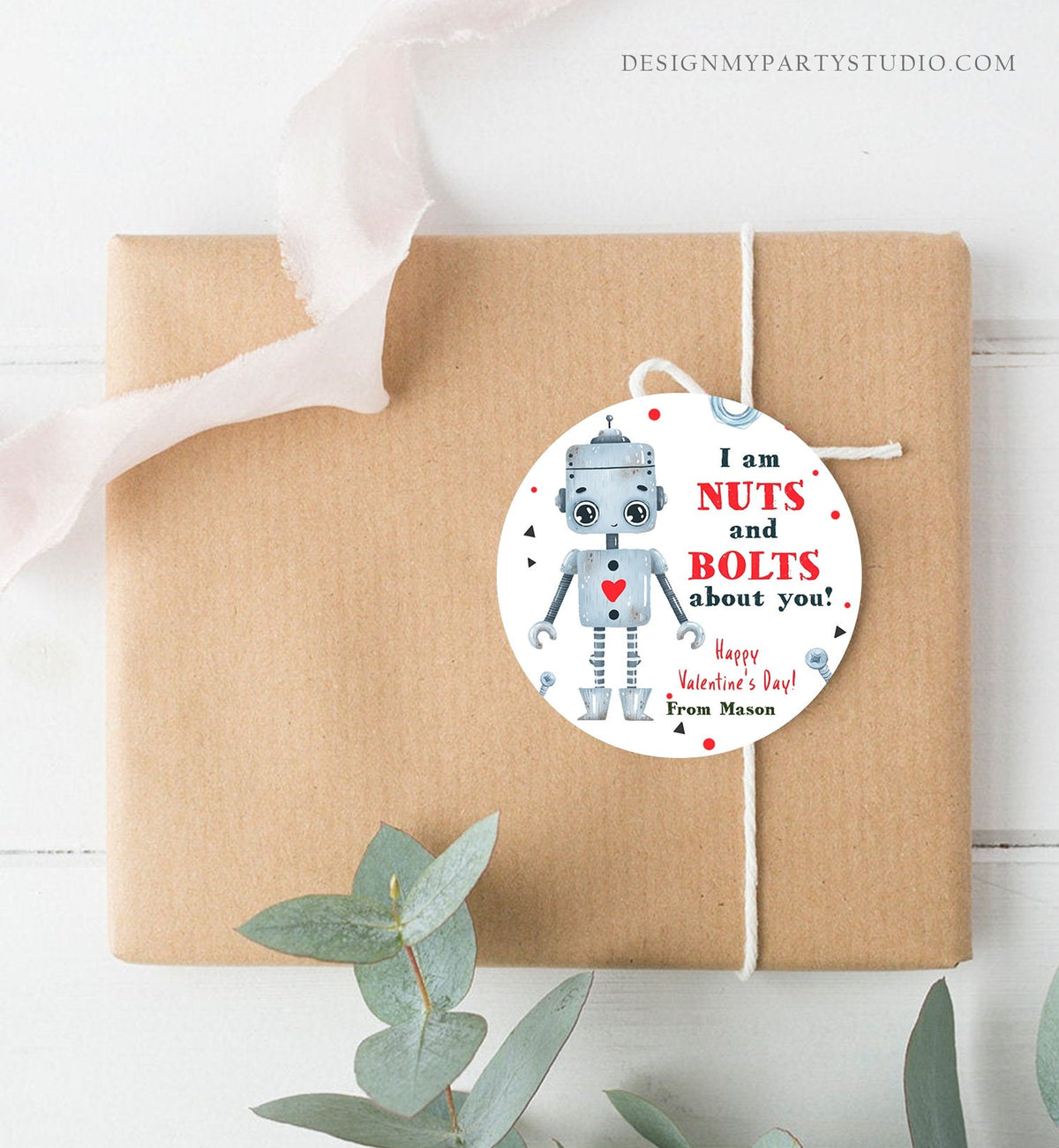 Editable Valentine&#39;s Day Card for Kids Robot Valentines Tag Cookie Tag Nuts and Bolts Sticker Printable Personalized Digital PRINTABLE 0370