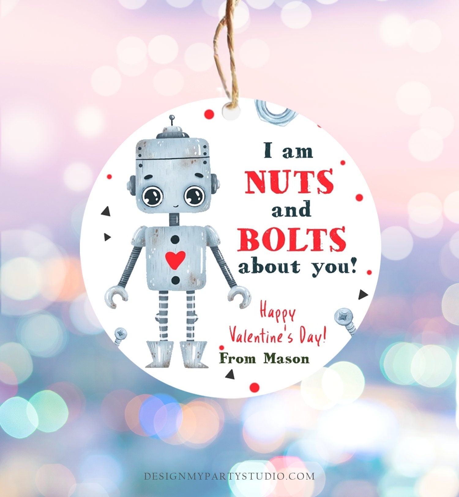 Editable Valentine's Day Card for Kids Robot Valentines Tag Cookie Tag Nuts and Bolts Sticker Printable Personalized Digital PRINTABLE 0370