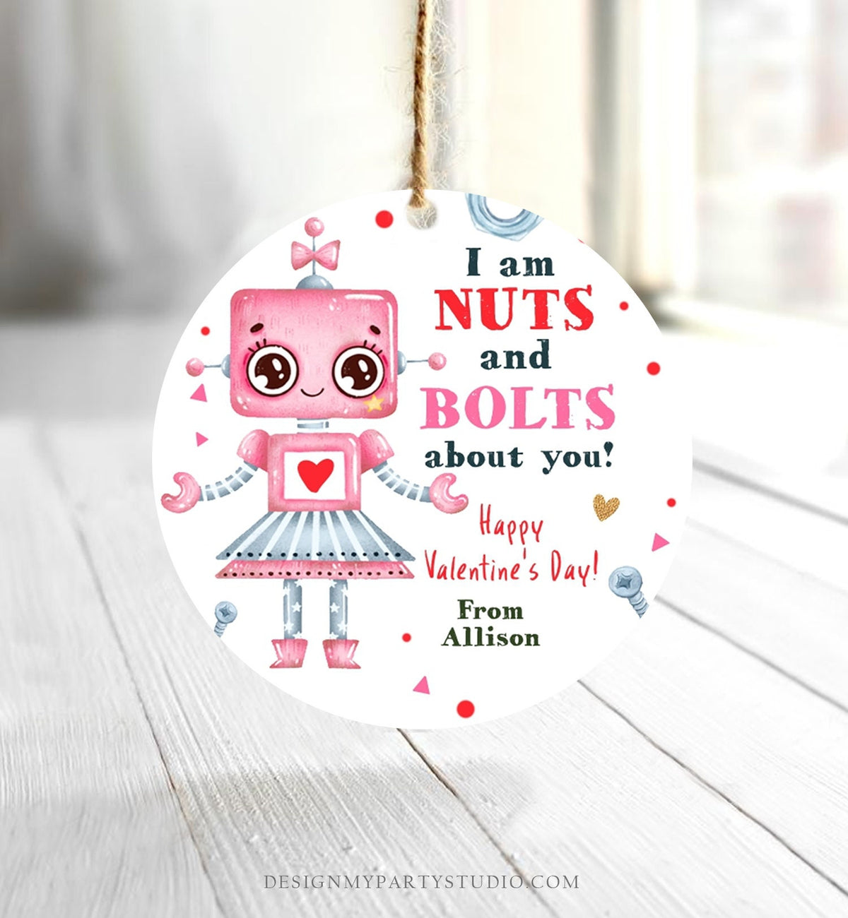 Editable Valentine&#39;s Day Card for Kids Robot Valentines Tag Cookie Tag Nuts and Bolts Sticker Printable Personalized Digital PRINTABLE 0370