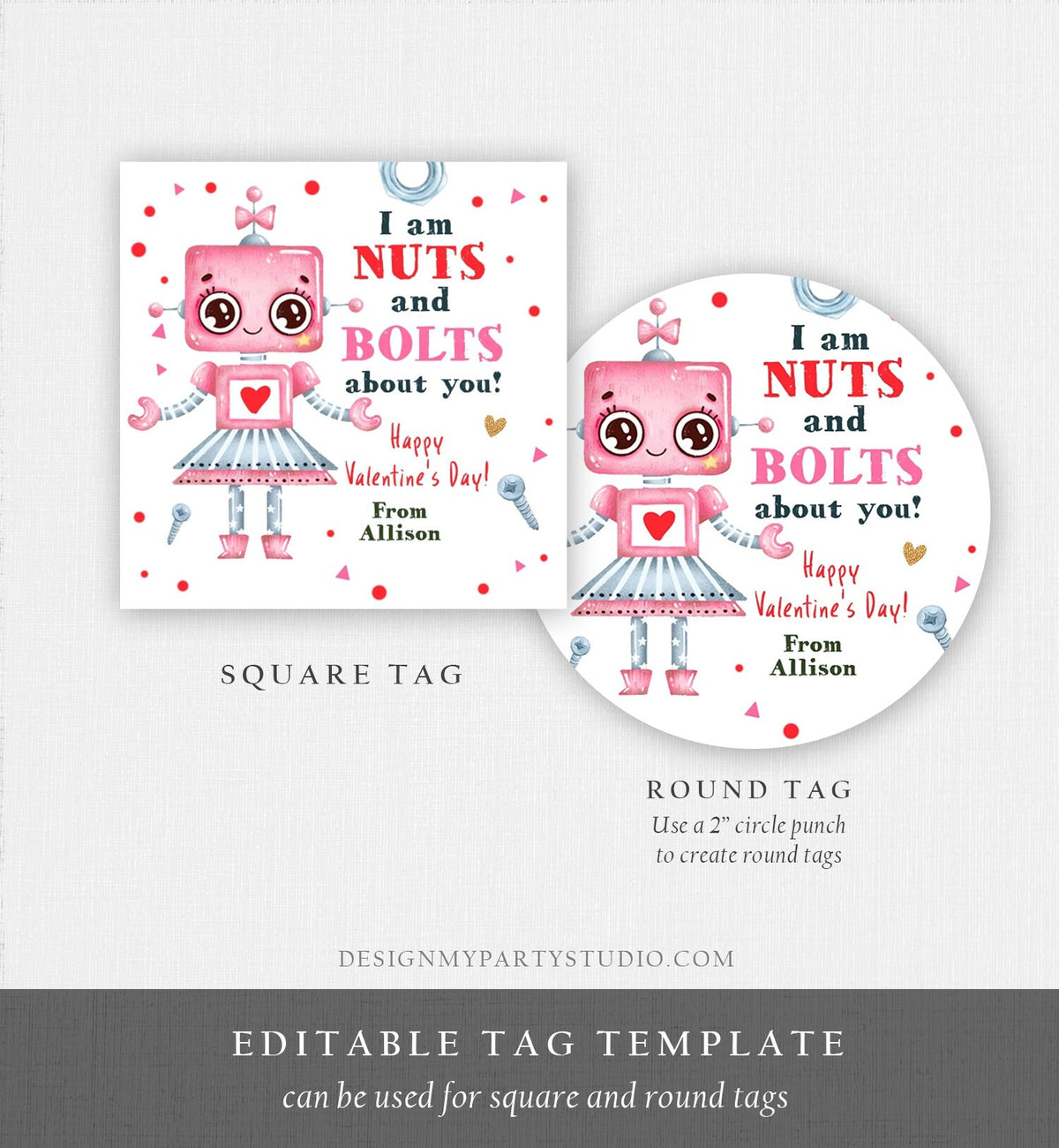 Editable Valentine&#39;s Day Card for Kids Robot Valentines Tag Cookie Tag Nuts and Bolts Sticker Printable Personalized Digital PRINTABLE 0370