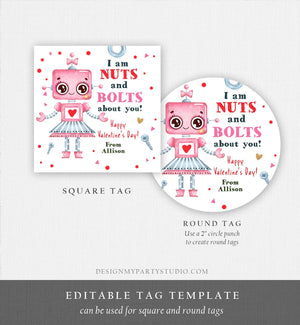 Editable Valentine's Day Card for Kids Robot Valentines Tag Cookie Tag Nuts and Bolts Sticker Printable Personalized Digital PRINTABLE 0370