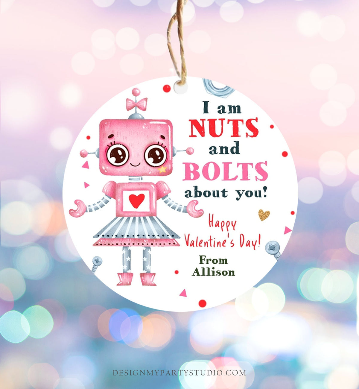 Editable Valentine&#39;s Day Card for Kids Robot Valentines Tag Cookie Tag Nuts and Bolts Sticker Printable Personalized Digital PRINTABLE 0370