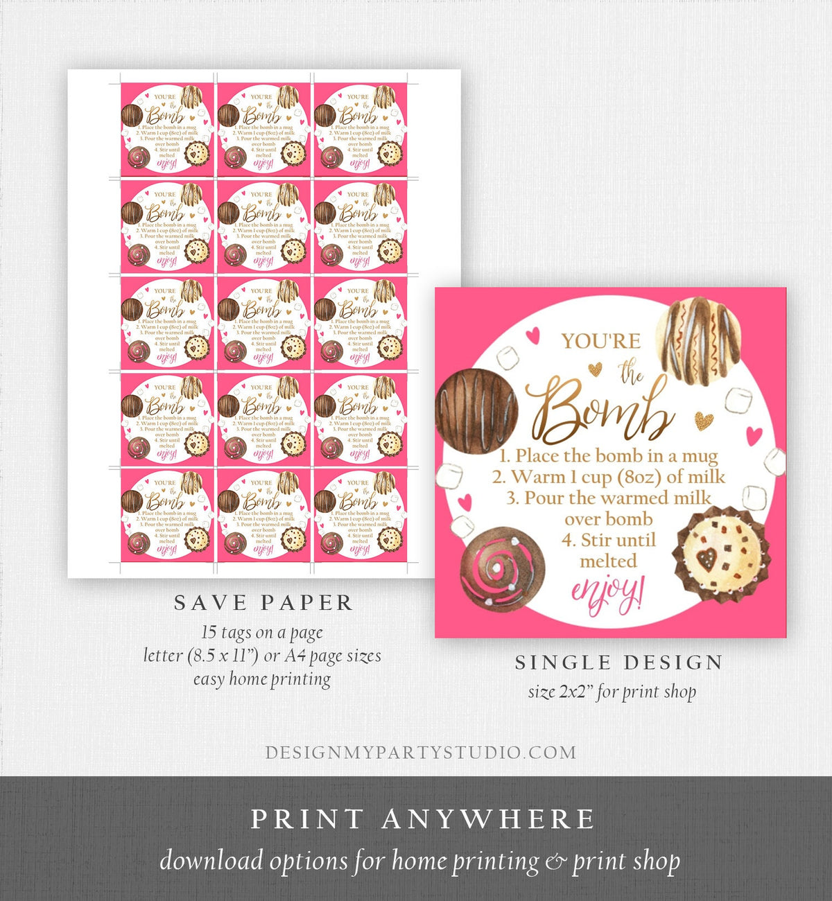 Editable Hot Chocolate Bomb Tags Bomb Instructions Valentine Hot Cocoa Bomb Favor Tags Valentine Gift You&#39;re The Bomb Digital PRINTABLE 0370