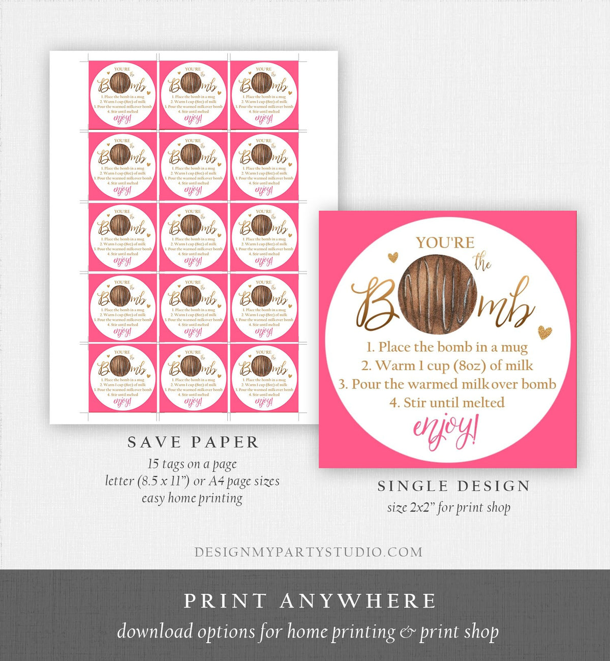 Editable Hot Chocolate Bomb Tags Bomb Instructions Valentine Hot Cocoa Bomb Favor Tags Valentine Gift You&#39;re The Bomb Digital PRINTABLE 0370