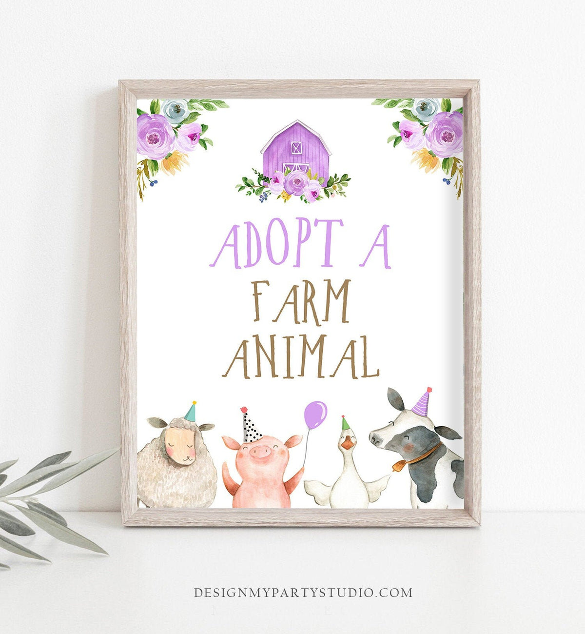Adopt a Farm Animal Party Sign Farm Birthday Sign Favors Barnyard Birthday Farm Animals Girl Favor Sign Purple Farm Party PRINTABLE 0155