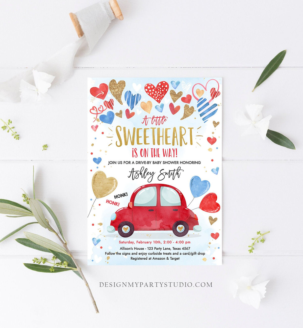 Editable Drive By Sweetheart Baby Shower Invitation Valentine Blue Gold Hearts Drive Through Red Heart Car Corjl Template Printable 0371